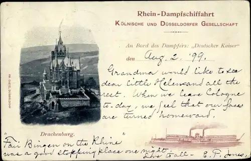 Ak Königswinter am Rhein, Drachenburg, an Bord des Dampfers Deutscher Kaiser
