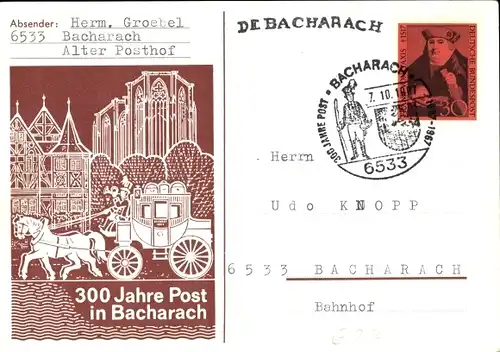 Künstler Ak Bacharach am Rhein, 300 Jahre Post, Postkutsche