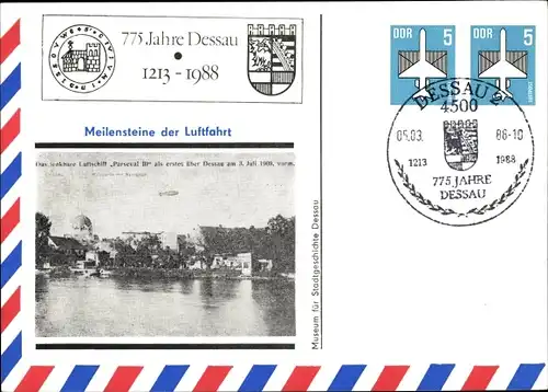 Ak Dessau in Sachsen Anhalt, 775 Jahre Stadt 1988, Blick auf den Ort, Luftschiff Parseval III