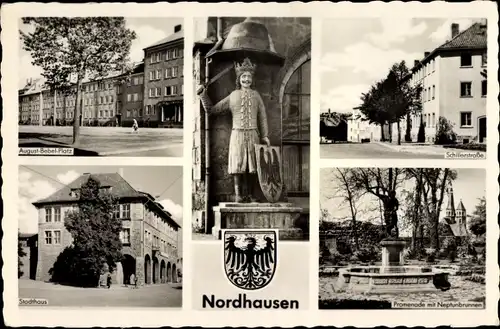 Wappen Ak Nordhausen am Harz, August Bebel Platz, Stadthaus, Promenade mit Neptunbrunnen