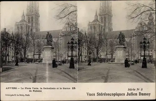 Stereo Ak Antwerpen Anvers Flandern, La Place Verte, Cathedrale et Statue de Rubens