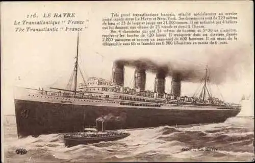 Künstler Ak Le Havre, CGT Dampfer France, Compagnie Générale Transatlantique, French Line