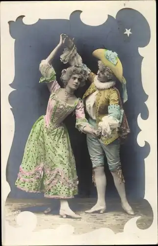 Ak Tanzendes Paar, Frau im grünen Kleid, Stern, Männerhut