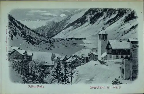 Mondschein Ak Göschenen Kanton Uri, Teilansicht, Kirche, Winter, Gotthardbahn