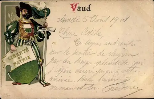 Präge Wappen Litho Kanton Waadt, Gardist mit Schwert