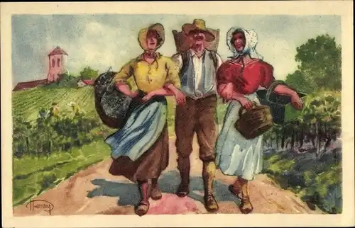 Künstler Ak Le Retour a la Terre, Fabrication Francaise, Weinbauern
