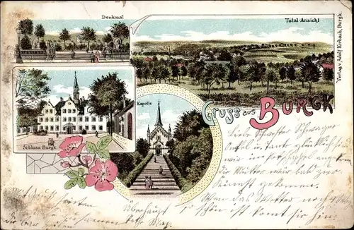 Litho Burgk Freital in Sachsen, Schloss Burgk, Kapelle, Denkmal, Totalansicht