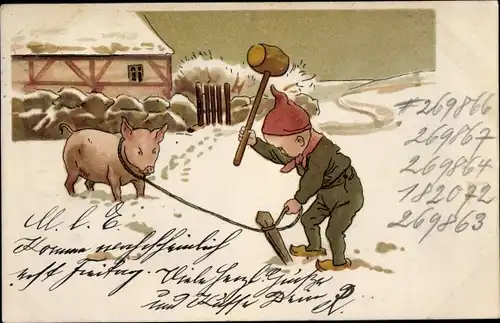 Litho Angebundenes Schwein, Junge schlägt ein Holzpflock in den Schnee