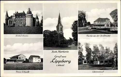Ak Lippborg Lippetal Nordrhein Westfalen, Schloss Assen, Kath Pfarrkirche, Dorfbrücke, Neue Schule