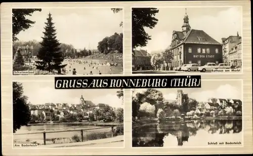 Ak Ronneburg in Thüringen, Schwimmbad, Rathaus, Markt, Baderteich, Schloss