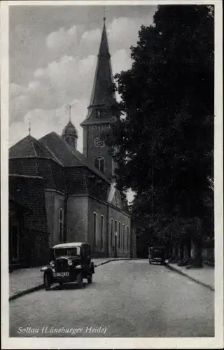 Ak Soltau Lüneburger Heide Niedersachsen, Straßenpartie, Kirche, Auto