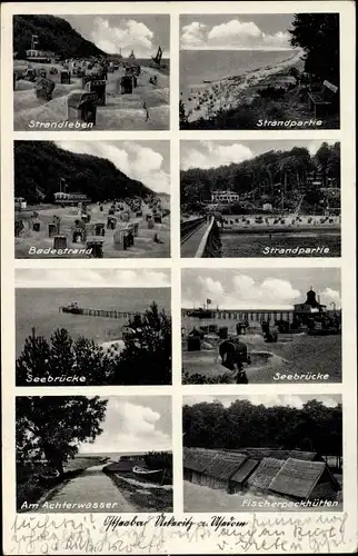 Ak Ostseebad Ückeritz auf Usedom, Strandleben, Badestrand, Seebrücke, Achterwasser