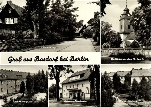 Ak Basdorf Wandlitz in Brandenburg, Dorfkirche, Karl-Marx-Platz, Hubertus-Filmtheater