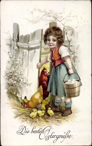 Ak Glückwunsch Ostern, Mädchen mit Eimer voller Eier, Hühner-Familie