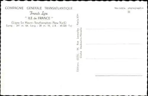Ak CGT Dampfer Ile de France, Compagnie Générale Transatlantique, French Line
