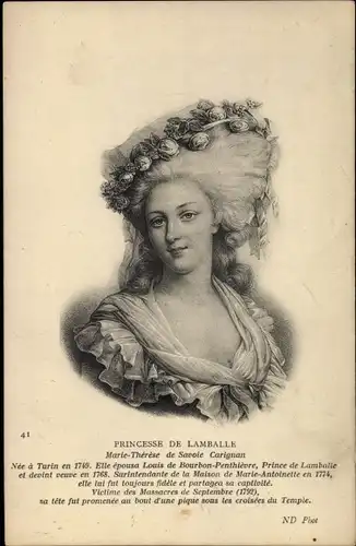 Ak Princesse de Lamballe, Marie Thérese de Savoie