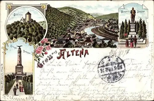 Litho Altena in Westfalen, Schloss, Krieger Denkmal, Bismarck Denkmal, Panorama