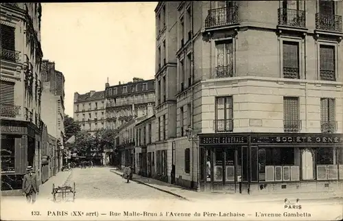 Ak Paris XX, Rue Malte Brun, l'Avenue du Pere Lachaise, l'Avenue Gambetta