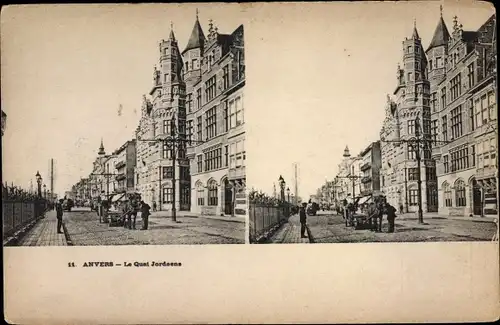 Stereo Ak Antwerpen Anvers Flandern, Le Quai Jordaens
