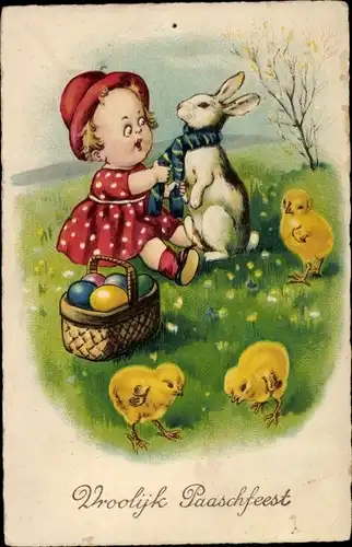 Ak Glückwunsch Ostern, Mädchen zieht einen Osterhasen an, Osterküken und Ostereier, EAS 1172