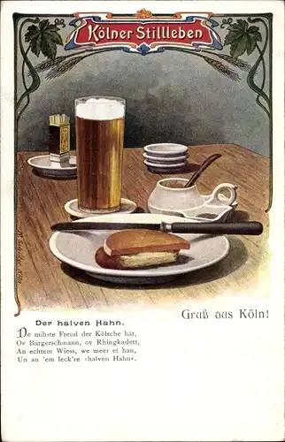 Ak Köln Rhein, Der halve Hahn, Stillleben, Kölsch, Gedicht