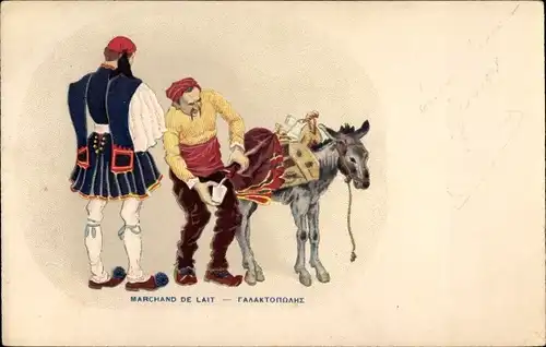 Künstler Ak Marchand de Lait, Griechische Tracht, Esel