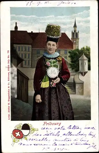Wappen Ak Fribourg, Junge Frau in schweizerischer Tracht