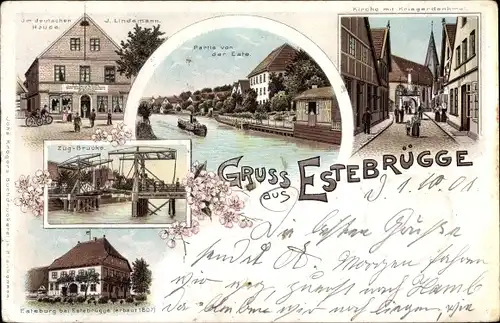 Litho Estebrügge Jork im Alten Land, Zugbrücke, Esteburg, Kirche, Kriegerdenkmal, Im Deutschen Hause