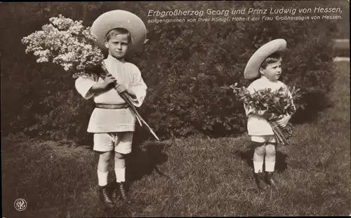 Ak Erbgroßherzog Georg und Prinz Ludwig von Hessen als Kinder, Blumen