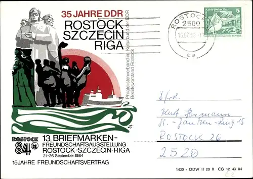 Ak Rostock, Briefmarken Freundschaftsausstellung Rostock Szczecin Riga 1984, 35 Jahre DDR