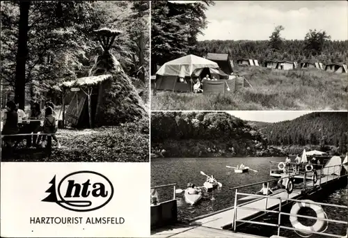 Ak Thale im Harz, Ferienpark Almsfeld, Harztourist, Campingplatz, Köhlerhütten Todtenrode