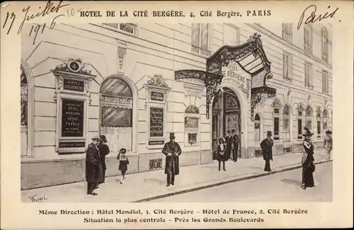 Künstler Ak Paris IX Opéra, Hotel de la Cite Bergere