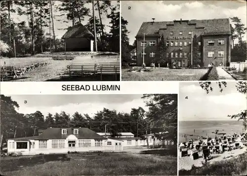 Ak Ostseebad Lubmin in Pommern, Am Strand, Musikpavillon, Ferienheim der Handwerker