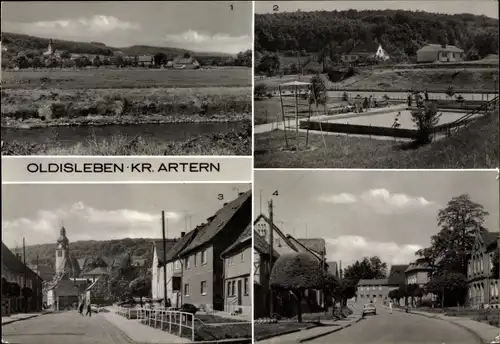 Ak Oldisleben am Kyffhäuser Thüringen, Freibad, Karl Marx Straße, Marktstraße