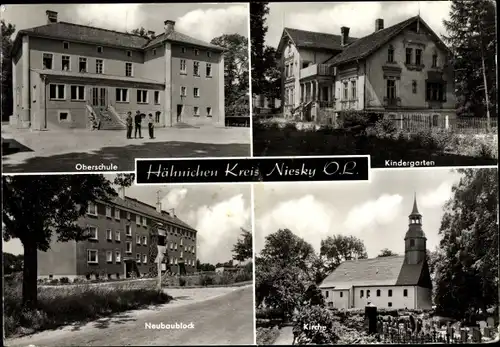 Ak Hähnichen in der Oberlausitz, Kindergarten, Kirche, Neubaublock, Oberschule