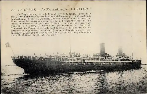 Ak Le Havre, CGT French Line, Transatlantique, Paquebot La Savoie