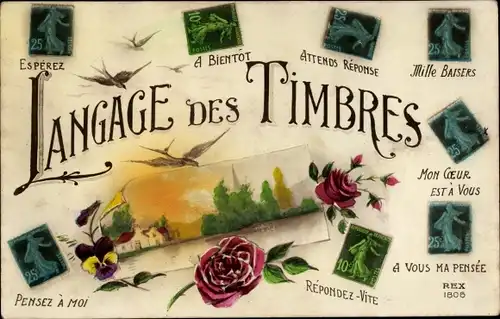 Ak Langage des Timbres, Briefmarkensprache, Vögel, Rose, Stiefmütterchen