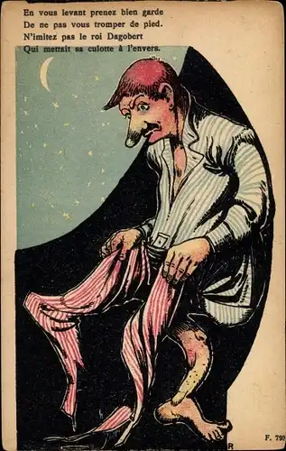 Mondschein Ak Mann zieht Schlafanzug an, En vous  levant prenez bien garde...