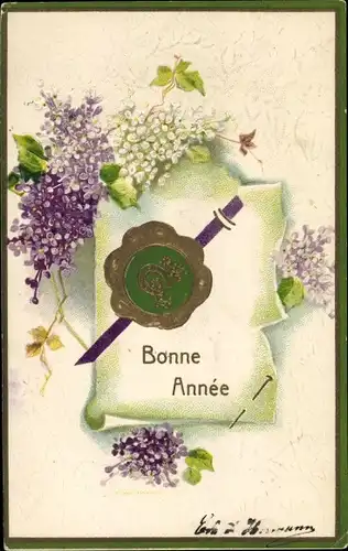 Präge Ak Glückwunsch Neujahr, Hufeisen und Flieder