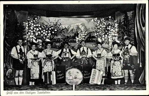 Ak Die lustigen Isartaler, Trachtenkapelle, Lederhosen, Dirndl