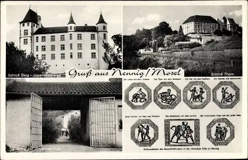 Ak Nennig Perl an der Mosel, Schloss Berg, Jugendherberge, Schloss Thorn, röm. Villa, Mosaike