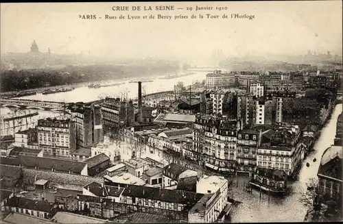 Ak Paris XII, Rue de Lyon, Rue de Bercy, prise de la Tour de l'Horloge, Crue de la Seine 1910