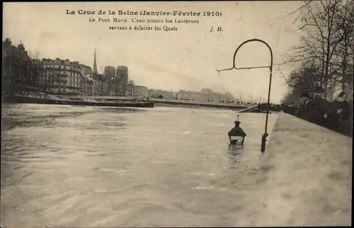 Ak Paris IV, Le Pont Marie, Crue de la Seine 1910, Lanternes