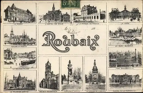 Ak Roubaix Nord, Le Musee, La Gare, La Banque de France, L'Hotel de Ville