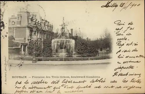 Ak Roubaix Nord, Le Musee, Fontaine des Trois Graces, boulevard Gambetta