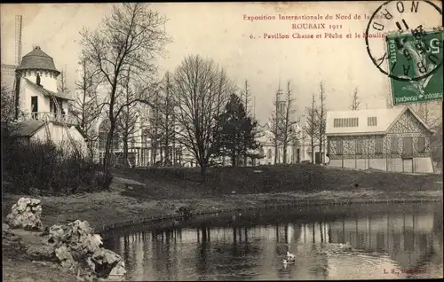 Ak Roubaix Nord, Exposition Internationale du Nord, Pavillon Chasse et Peche et le Moulin, 1911