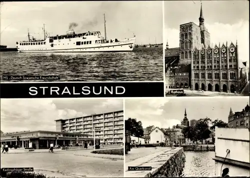 Ak Stralsund in Vorpommern, Passagierschiff, Rathaus, Kedingshäger Schule, Querkanal