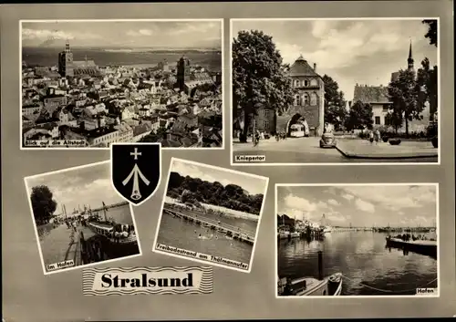 Wappen Ak Stralsund in Vorpommern, Hafen, Kniepertor, Blick auf die Altstadt