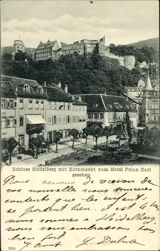 Ak Heidelberg am Neckar, Schloss mit Kornmarkt vom Hotel Prinz Karl gesehen