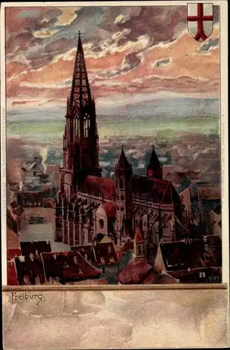 Künslter Wappen Litho Kley, Heinrich, Freiburg im Breisgau, Blick auf den Ort, Münster
